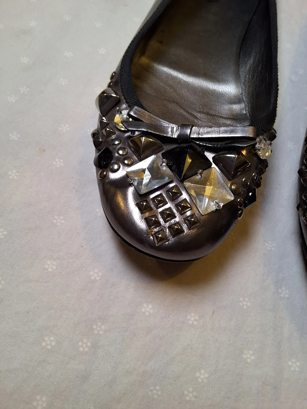 Prada Black Embellished Leather Ballet Flats with Crystal Accents